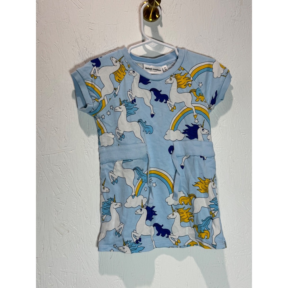 Mini Rodini Light Blue Unicorn Rainbow Organic Cotton Sweatdress Kids 80/86